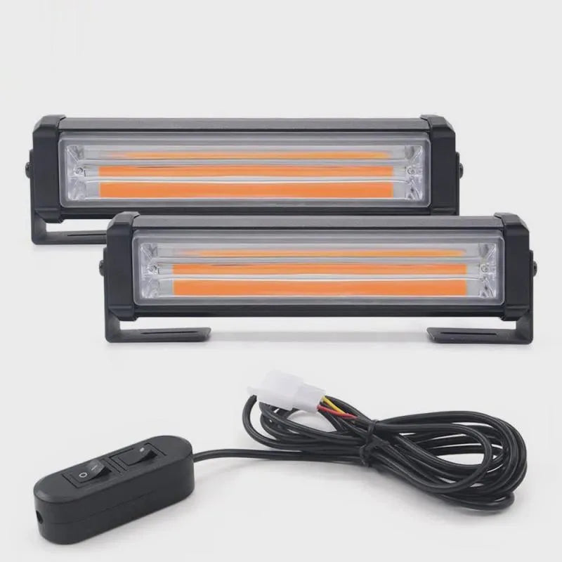 Yellow circular drag strobe warning light with aluminium alloy housing for vehicle mounting.