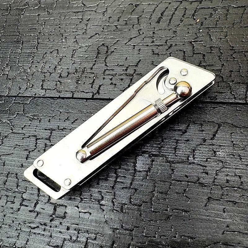 Heavy-duty folding stainless steel utility knife with neutral finish, closed position