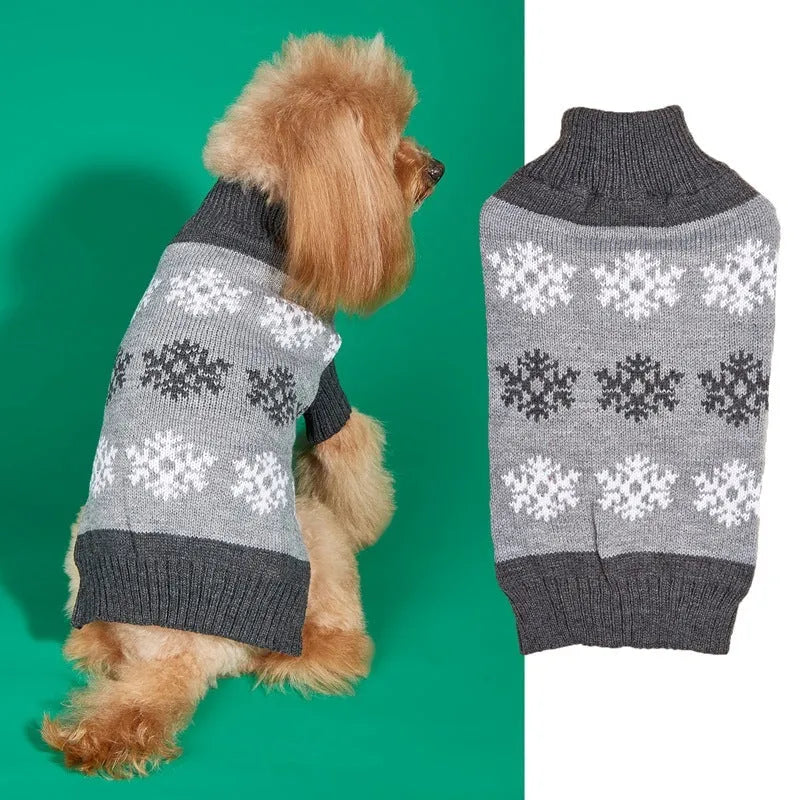 Snowflake patterned brown grey dog Christmas sweater made from acrylic fabric