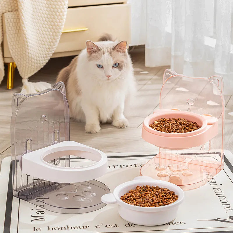 Grey cat feeding bowl with anti-spill neck guard, adjustable height, and removable cage attachment