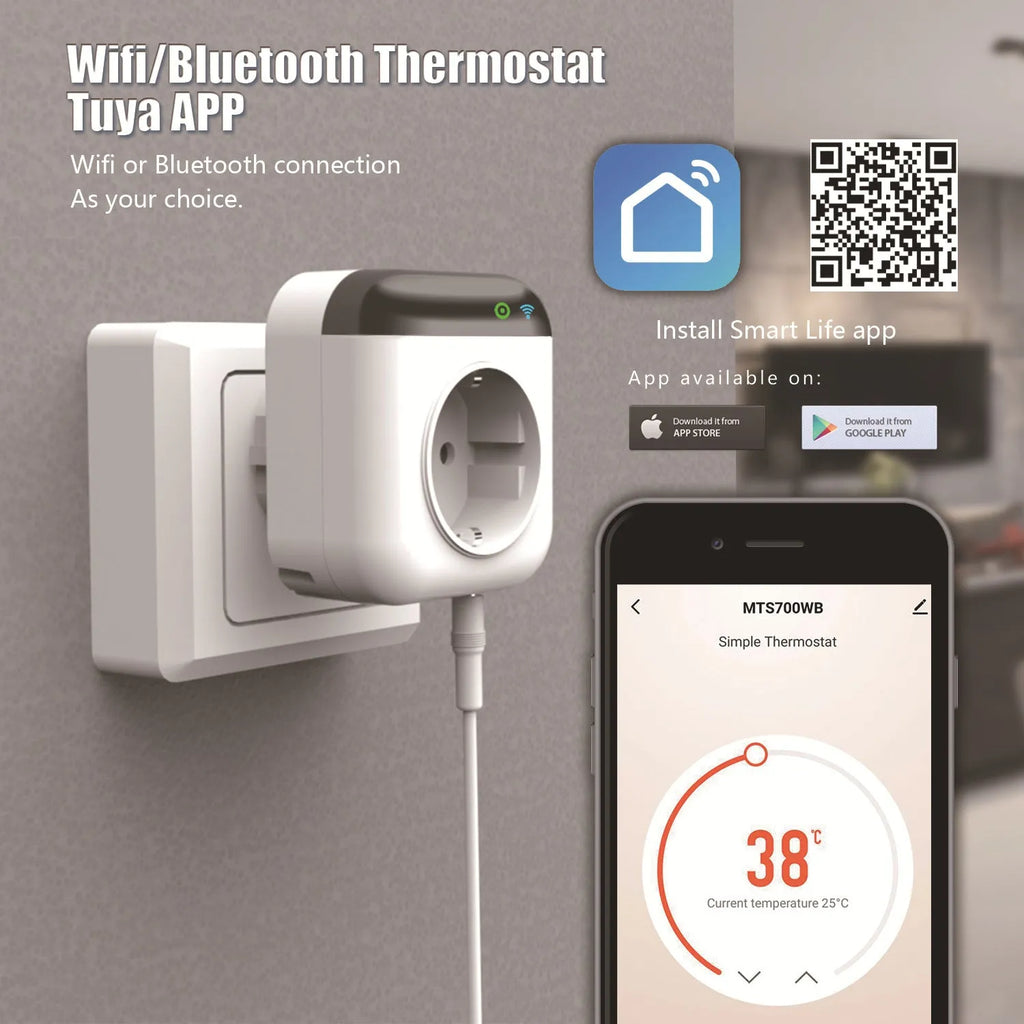 White Tuya Wi-Fi smart temperature control socket with US three-pin plug and temperature sensor probe