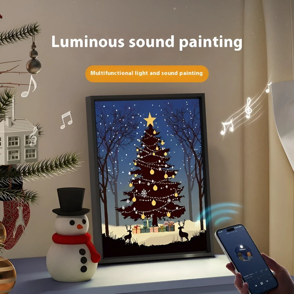 Christmas tree painting Bluetooth speaker desktop ornament with aluminium alloy frame, shiny colour, USB power, 18x24cm.