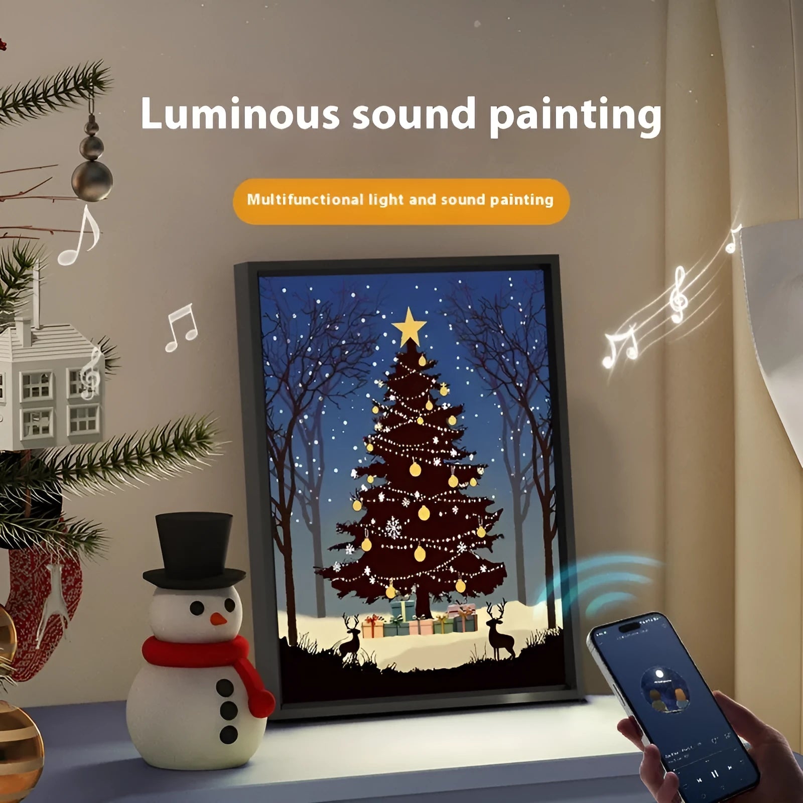Christmas tree painting Bluetooth speaker desktop ornament with aluminium alloy frame, shiny colour, USB power, 18x24cm.