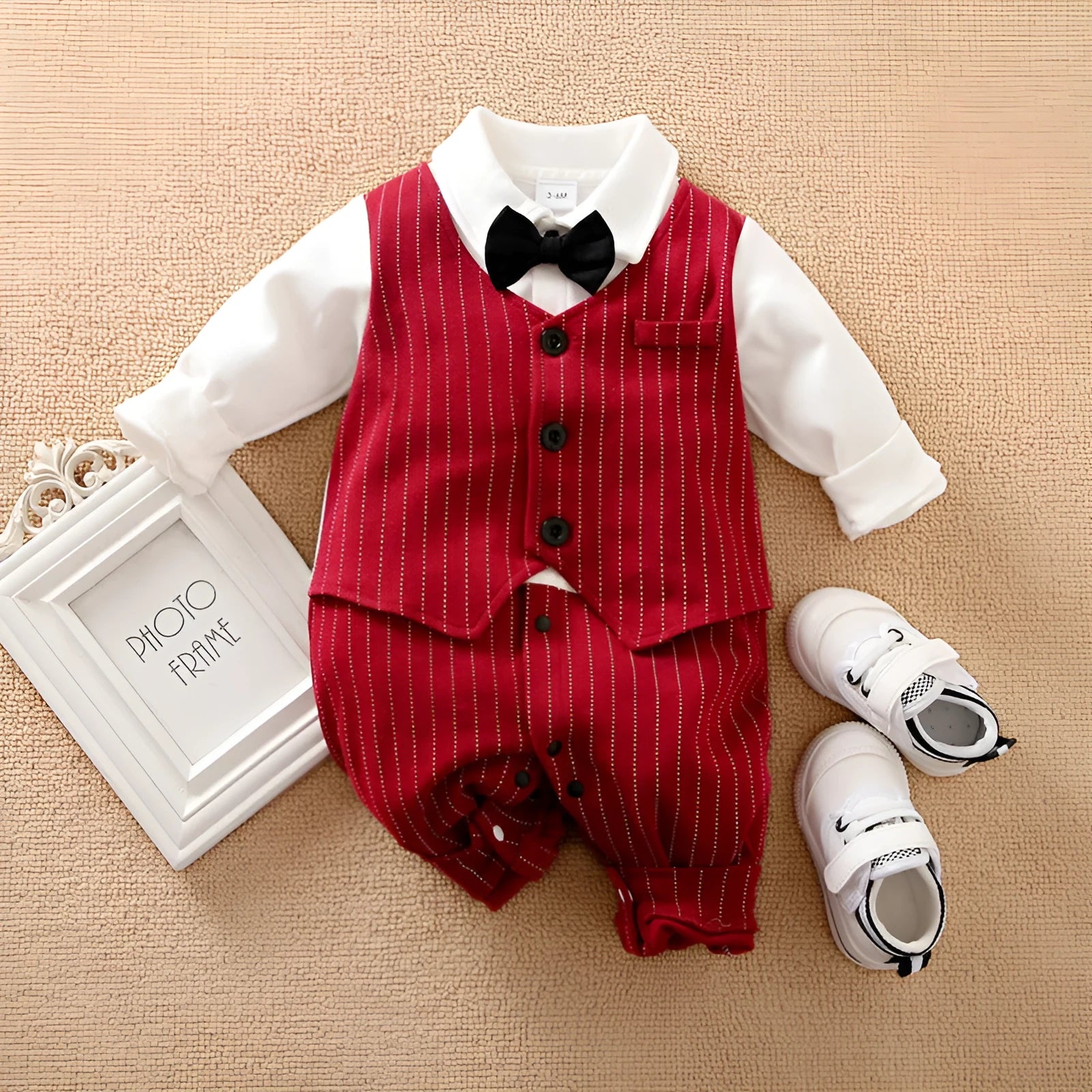 Wine red long sleeve cotton romper suit for a baby boy in gentleman style.