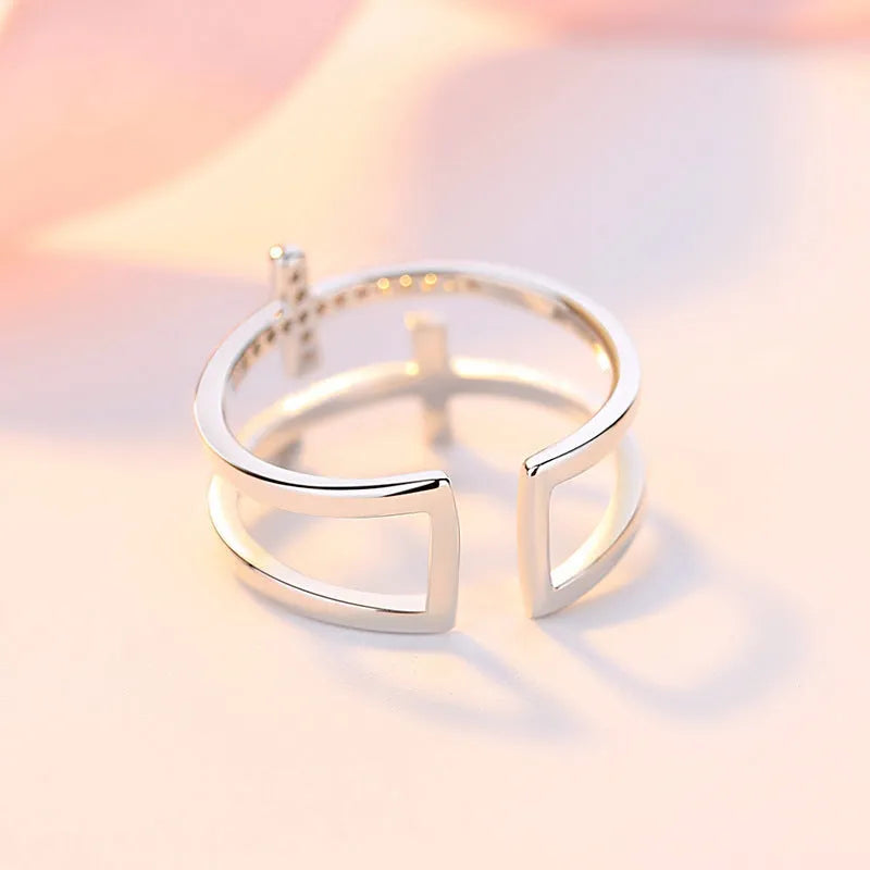 Women's adjustable double cross geometric ring with zircon inlay and white gold finish
