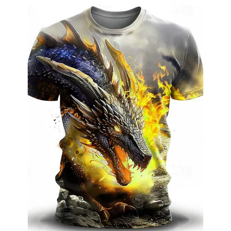 Men's grey short-sleeve T-shirt with a detailed 3D wind dragon graphic print on the front.
