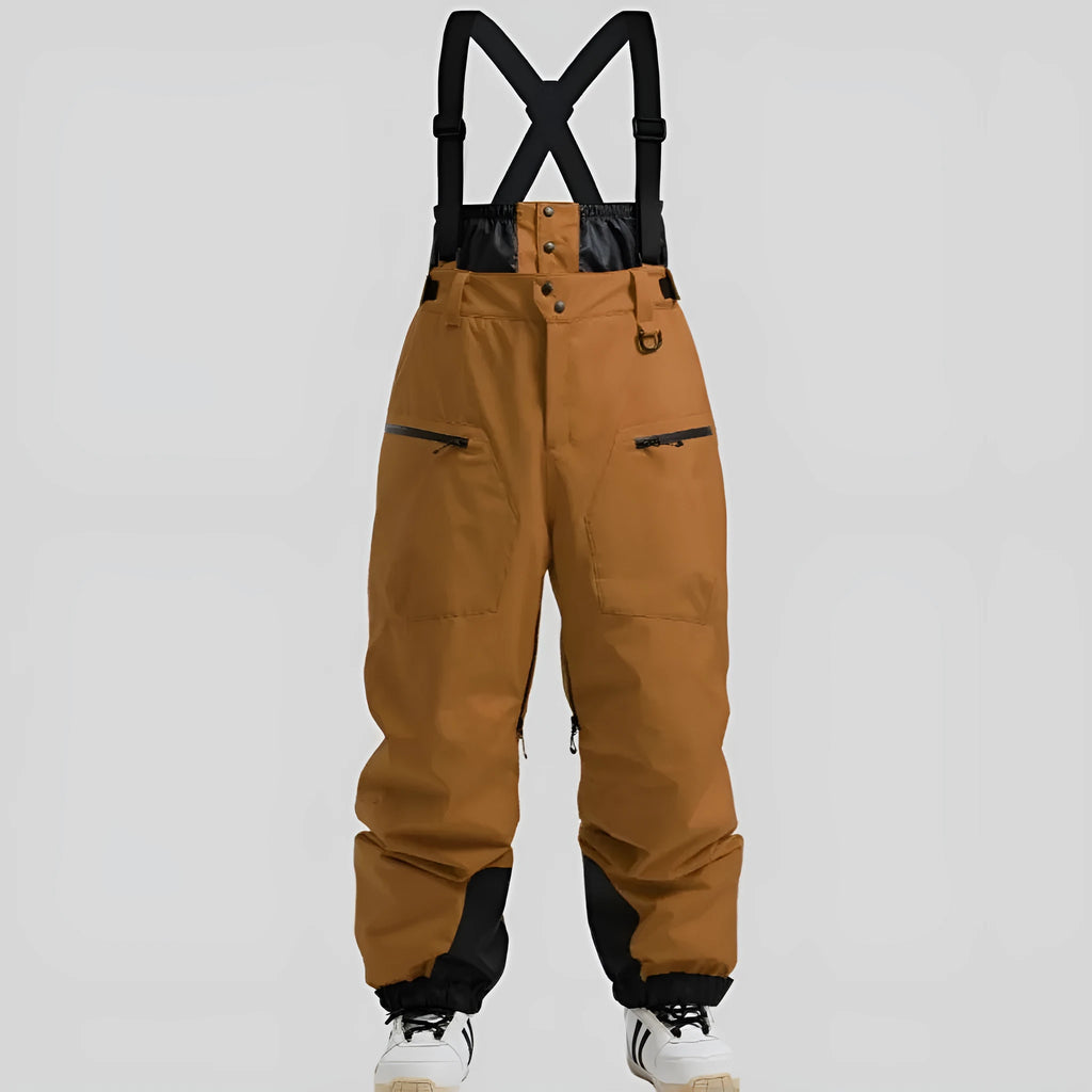 Men's black ski trousers with adjustable waist strap, showcasing thickened waterproof construction.