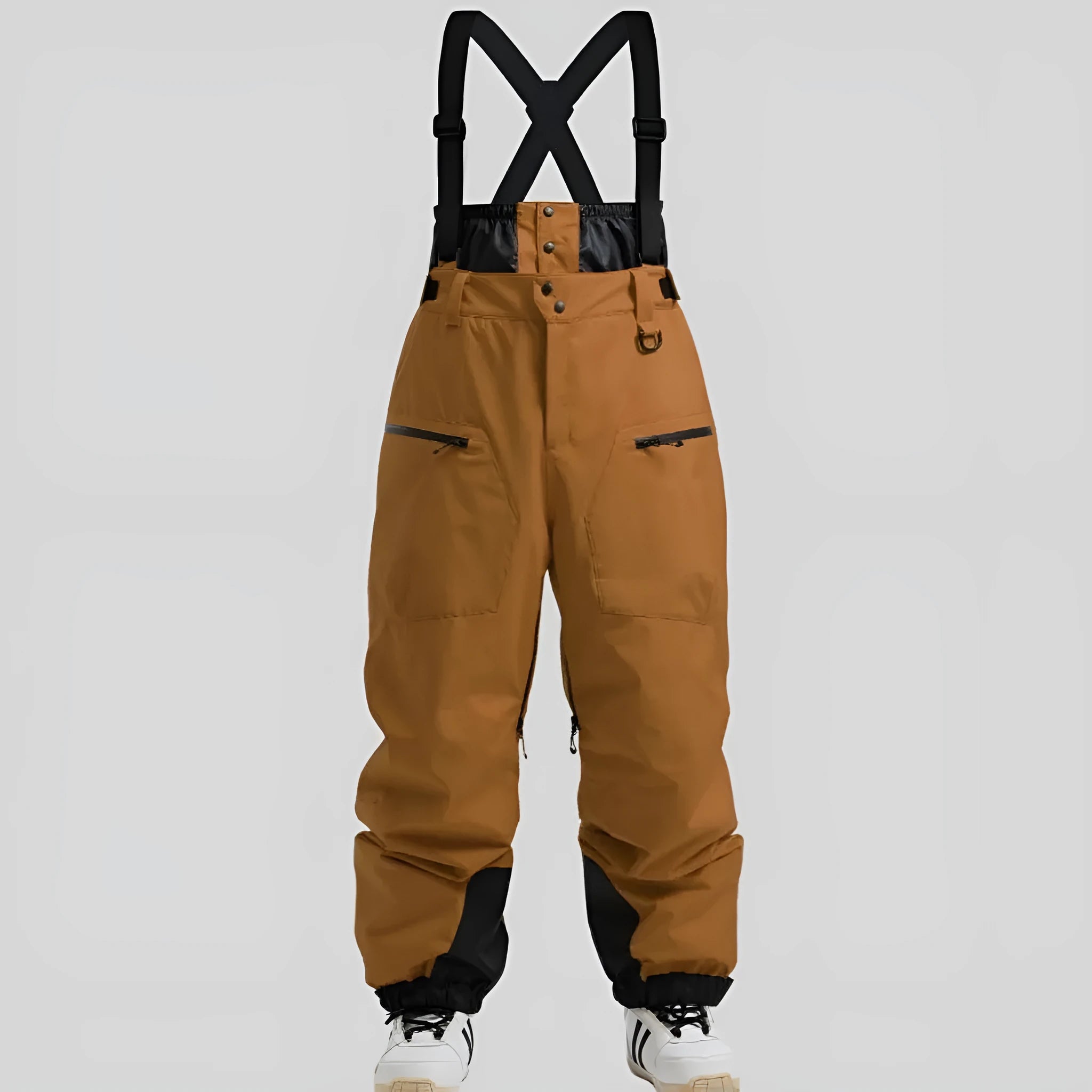 Men's black ski trousers with adjustable waist strap, showcasing thickened waterproof construction.