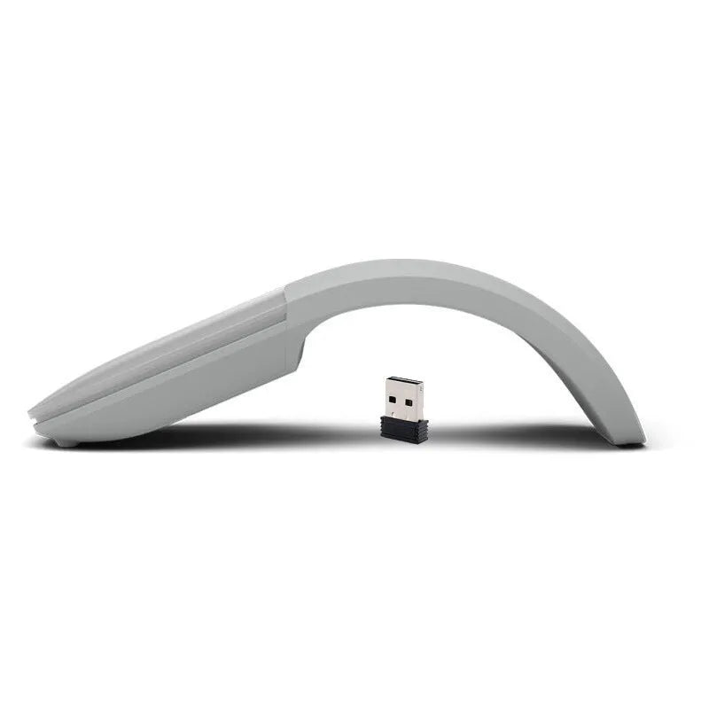 Folding wireless Bluetooth mouse shown in both extended and collapsed positions with touch surface visible