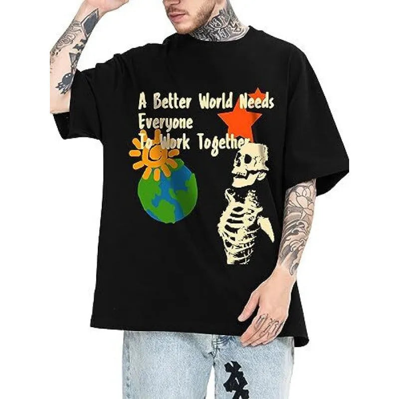 Men's printed short-sleeve casual sports T-shirt showing digital pattern design on polyester fabric.