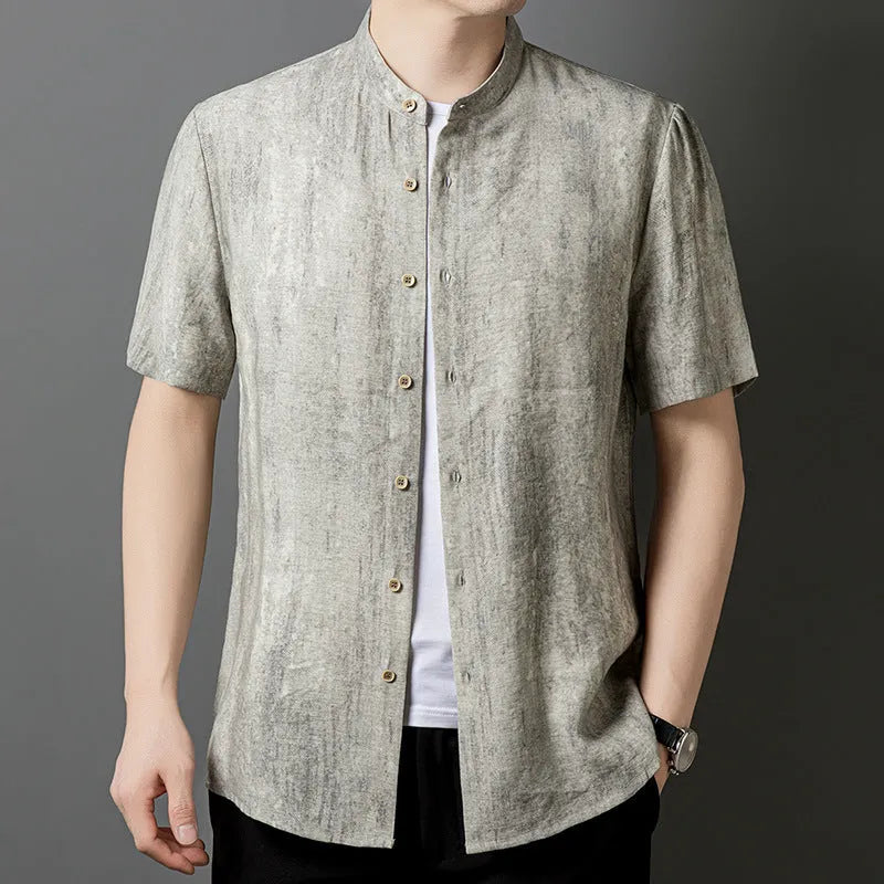 Men's solid colour linen shirt with stand collar in loose cardigan style