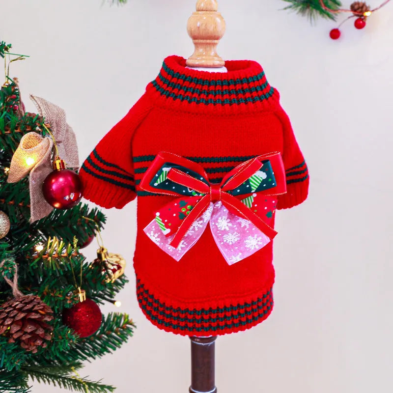 Red and green knitted polyester Christmas sweater for dogs and cats on a white background.