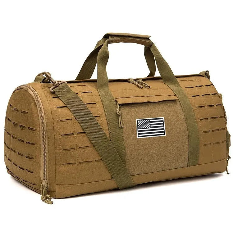 Men's khaki waterproof Oxford cloth sports travel bag with air pillow strap, shown with dimensions 56x26x25cm.