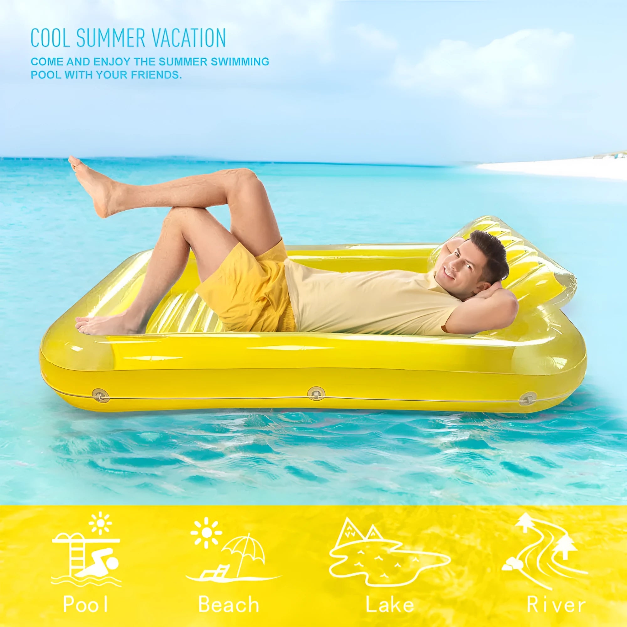 Portable outdoor swimming PVC air mattress in green, inflated on a pool surface, measuring 170x105x20cm