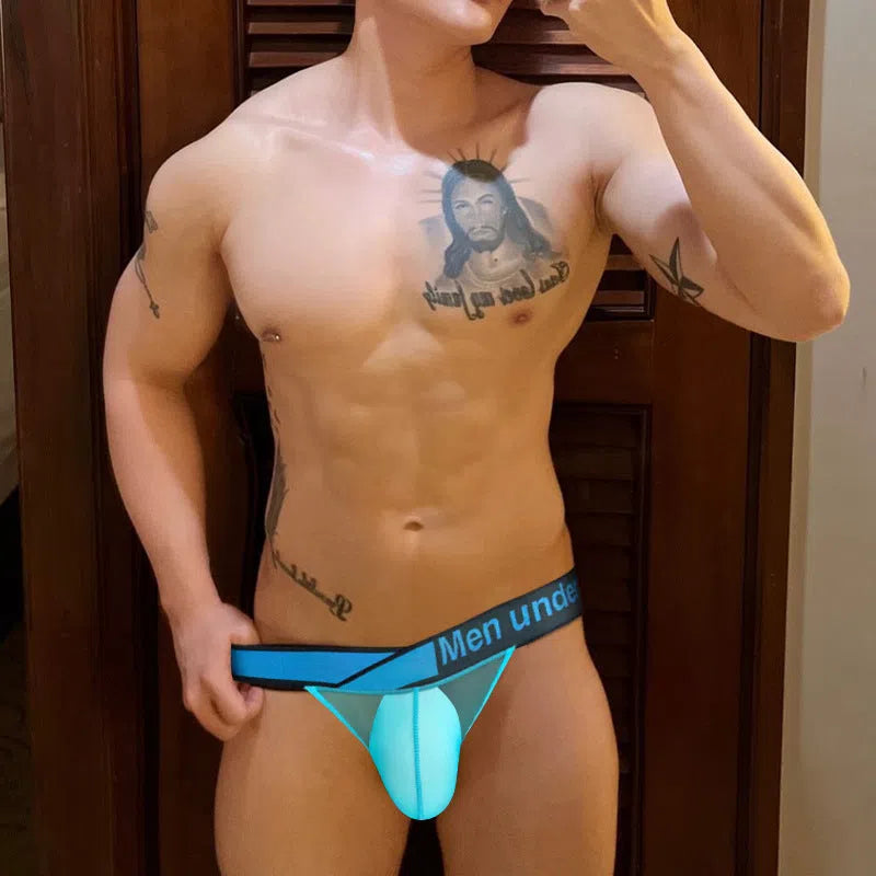 Laser cut V-waist men's nylon ice silk transparent briefs in black, blue, and white