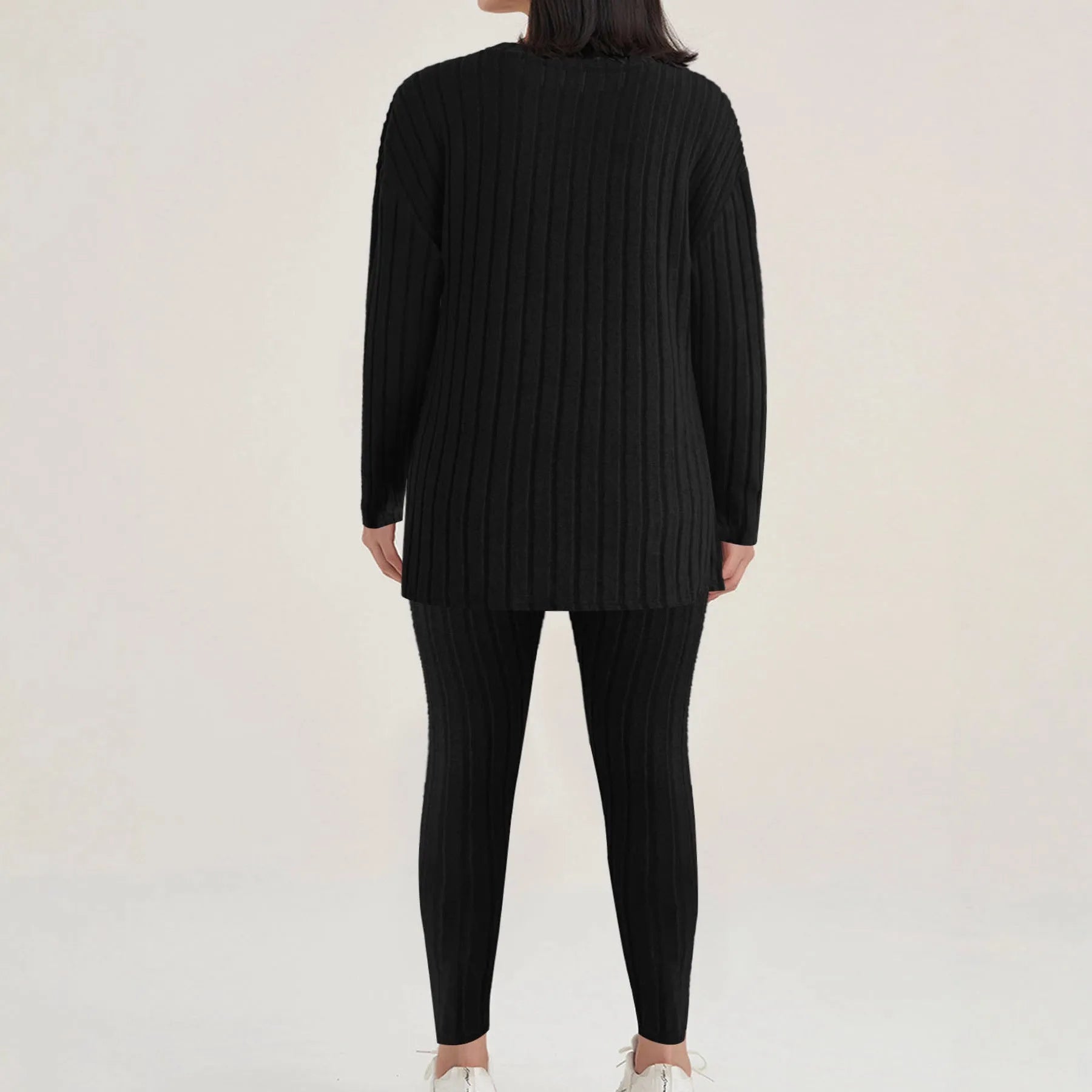 Women's black sunken stripe pattern long sleeve top and trousers two-piece loungewear set