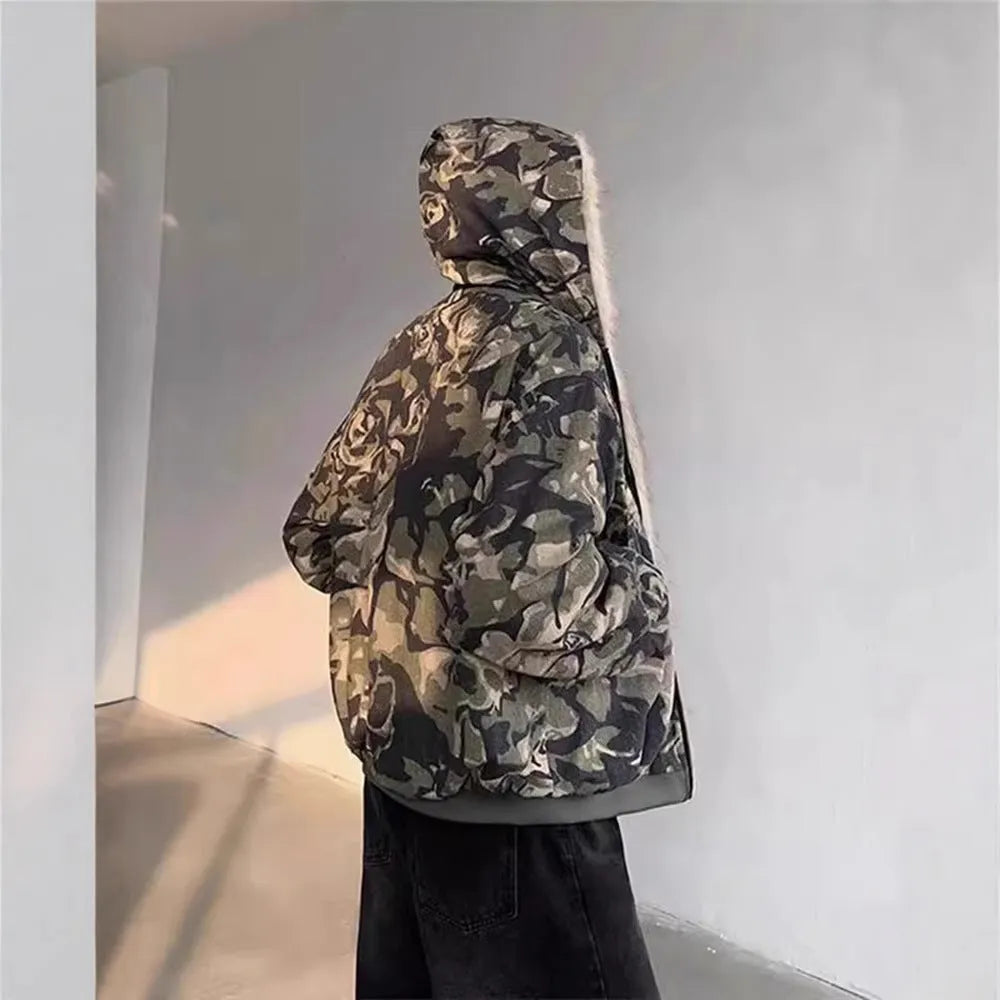 Men's retro washed camouflage fur collar hood jacket with cotton filling, loose fit, polyester outer