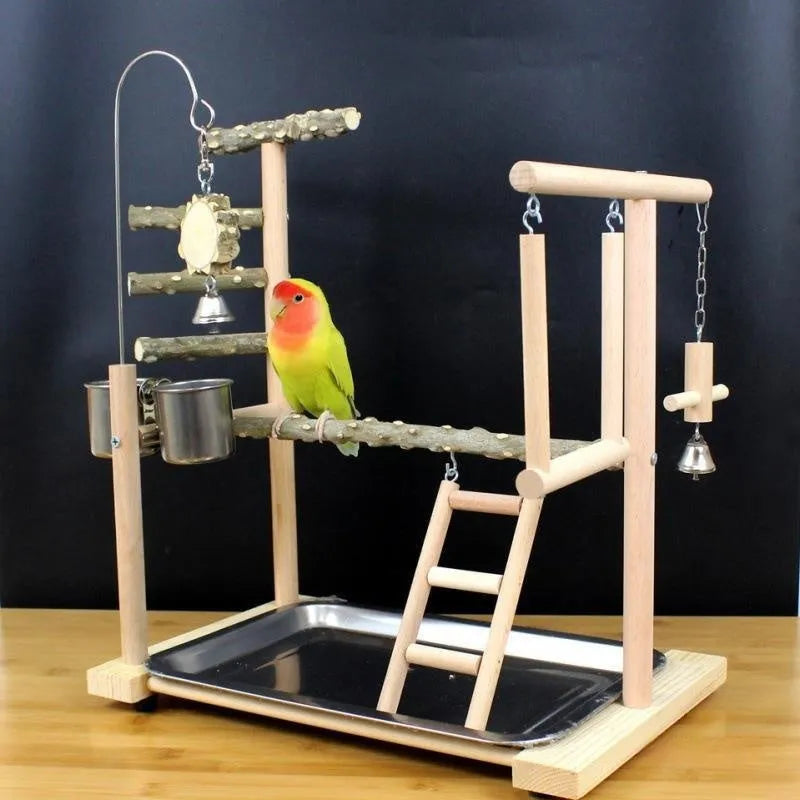 Pepper wood parrot toy stand with a textured bird perch and flat platform for small parrots.