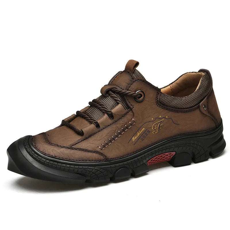 Non-slip hiking shoes with leather upper in dark brown, rubber sole, low heel for outdoor trails