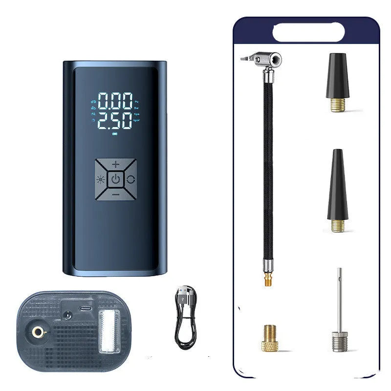 Portable wireless digital car tyre pump with display, hose, and cables on a grey background.