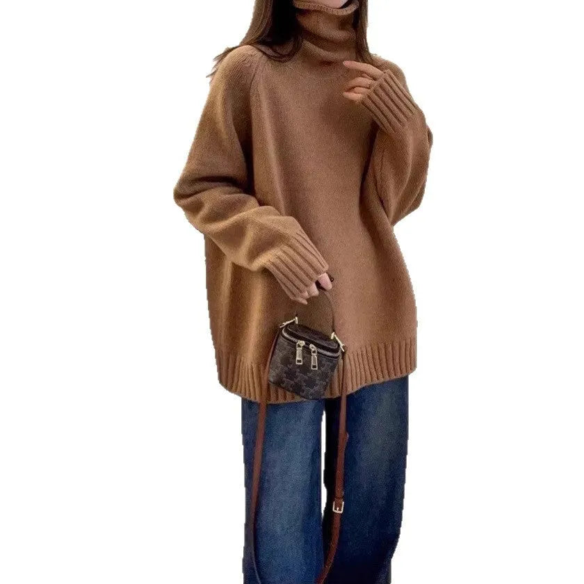 Women's loose turtleneck sweater with thick curling pile collar in red camel grey or black