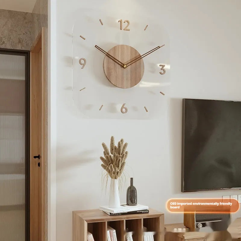 35cm square transparent wooden wall clock with modern design on wall