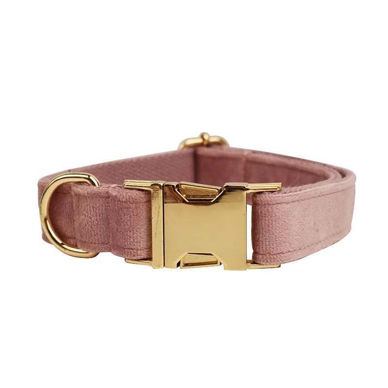 Light purple pink velvet dog collar with matching accessories on white background