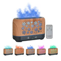 Colourful snowflake wood grain aromatherapy humidifier with glowing flame effect on a desktop.