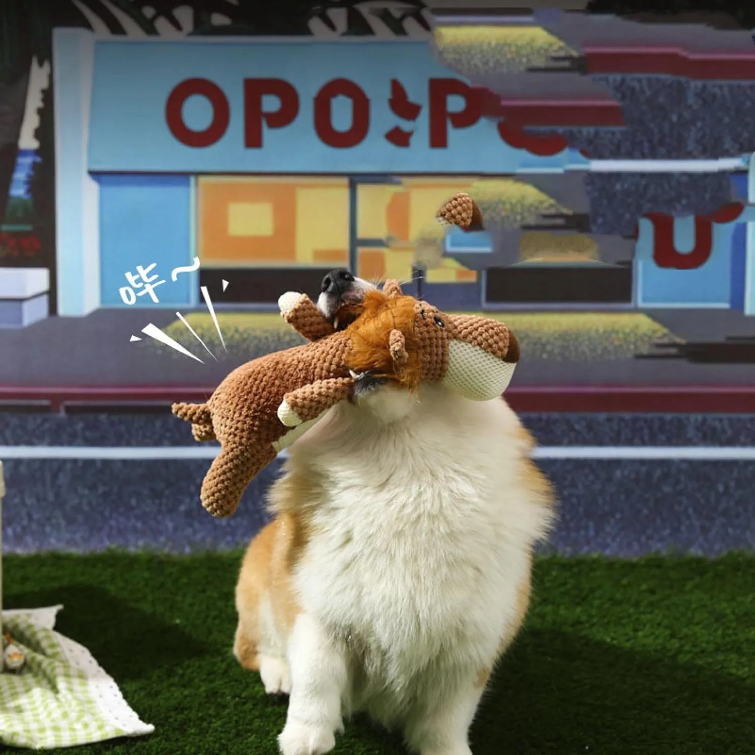 Plush dog grinding teeth interactive toy with corn kernel design and animal shape