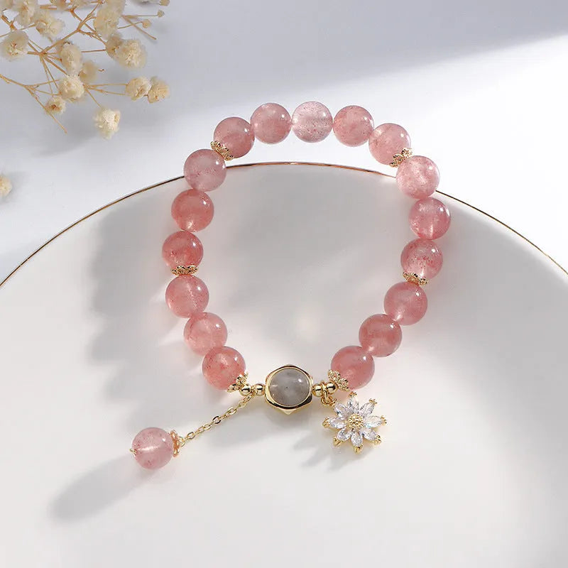 Strawberry quartz crystal bracelet with floral bead designs in Korean Mori style