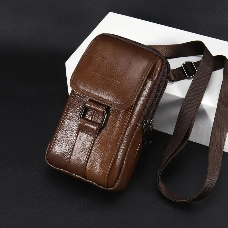 Genuine leather men's mobile phone waist bag in brown, square vertical shape with sewing line detail