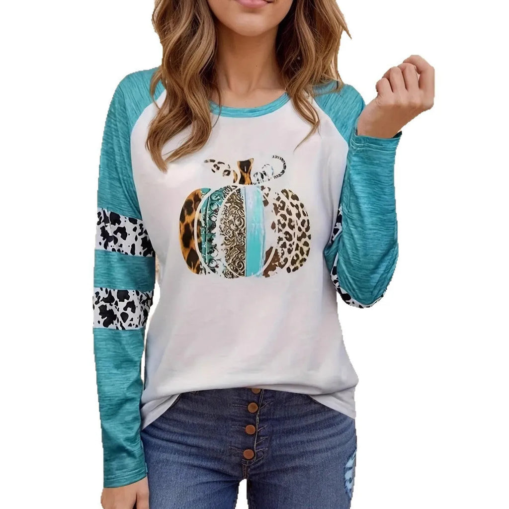 Sky blue polyester t-shirt with 3D Halloween pumpkin printing, regular fit with long sleeves