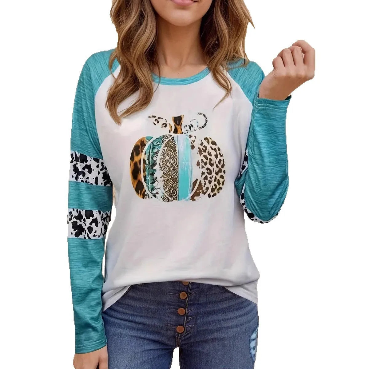 Sky blue polyester t-shirt with 3D Halloween pumpkin printing, regular fit with long sleeves