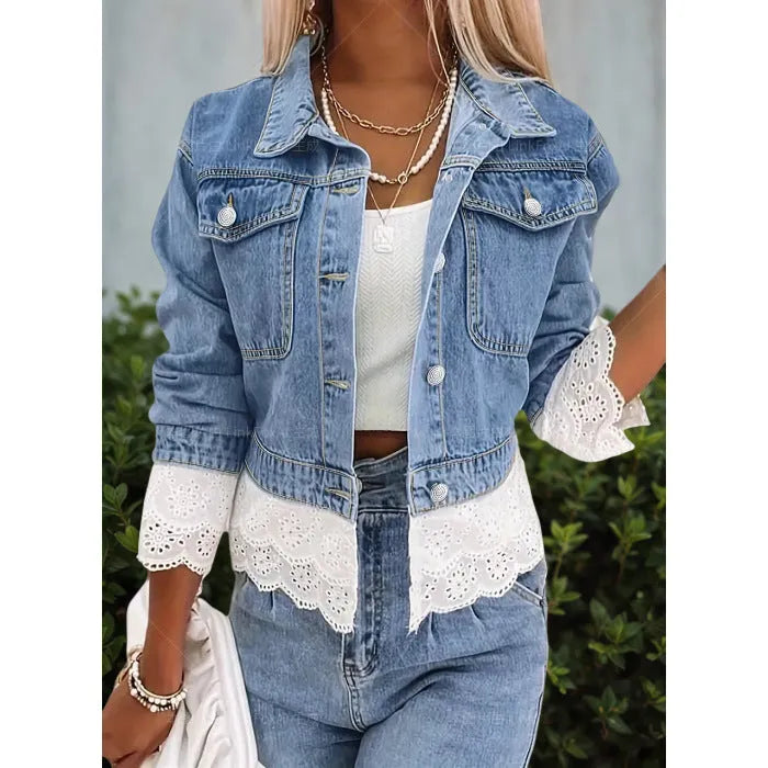 Blue women's denim jacket with lace stitching trim on long sleeves