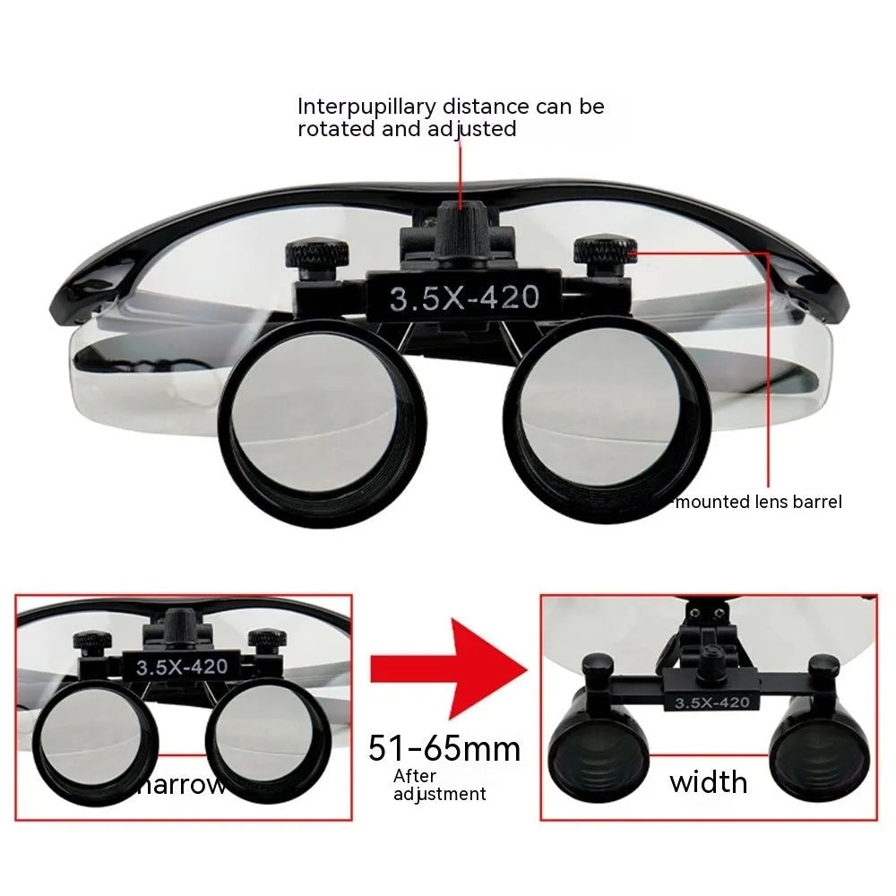 Black head-mounted LED magnifying glass for dental work with adjustable headband and dual magnification lenses.