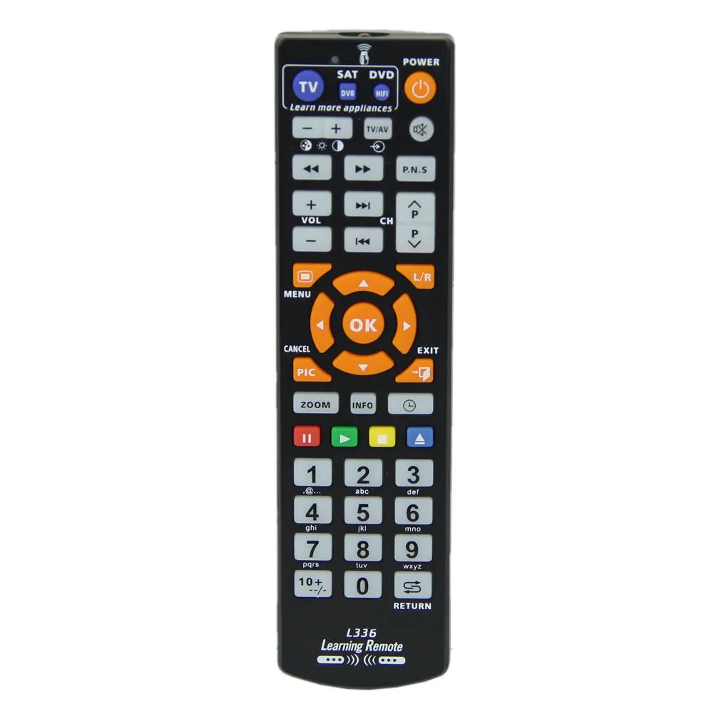 Black L336 universal learning remote control with full button keypad on a white background.
