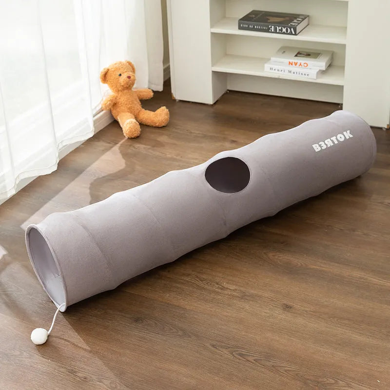 Foldable cat tunnel in brown bear colour, straight shape, made from polyester taffeta, small 0.8m size