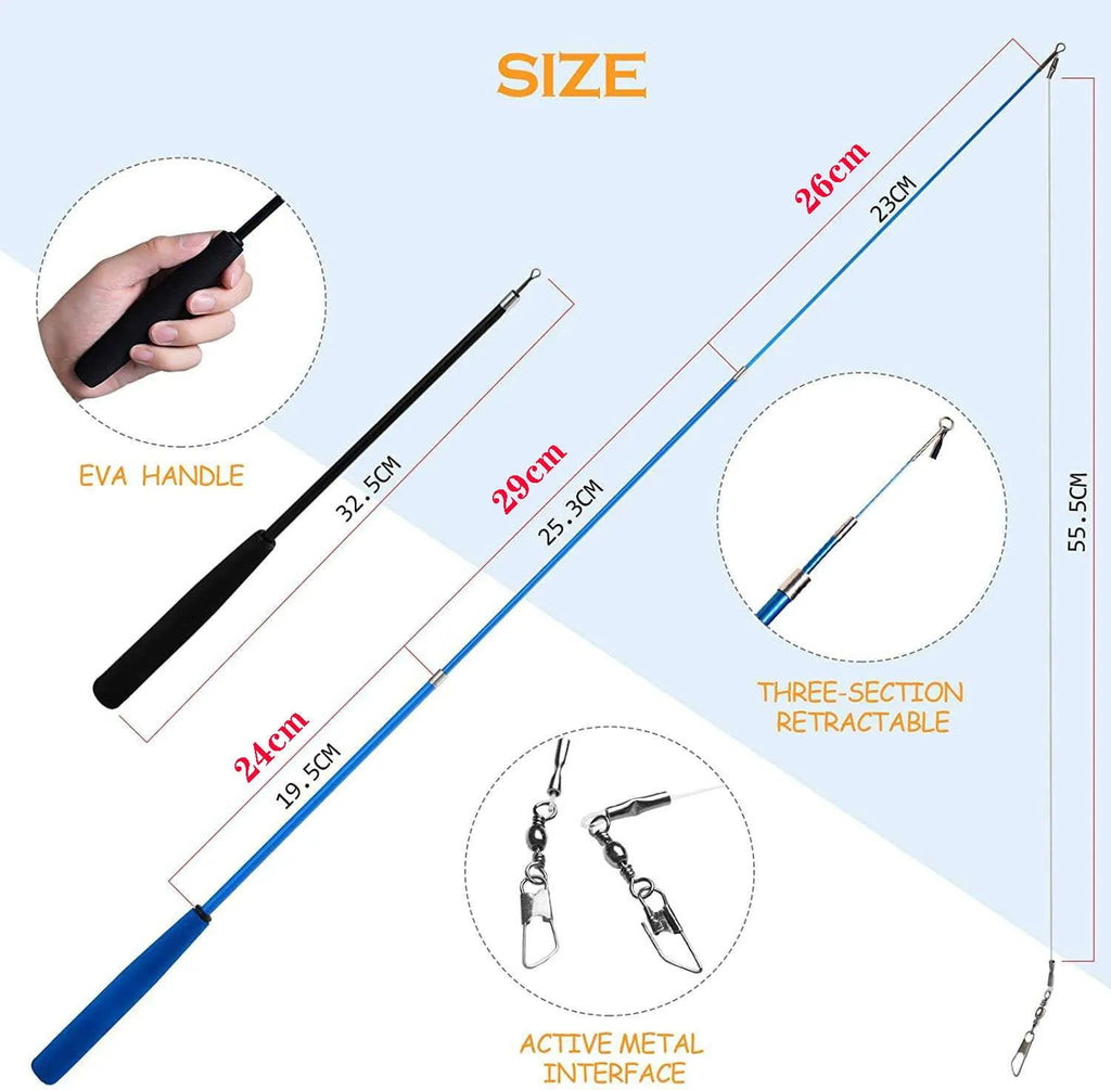 Extendable cat fishing rod with feather teaser attachments and replacement heads