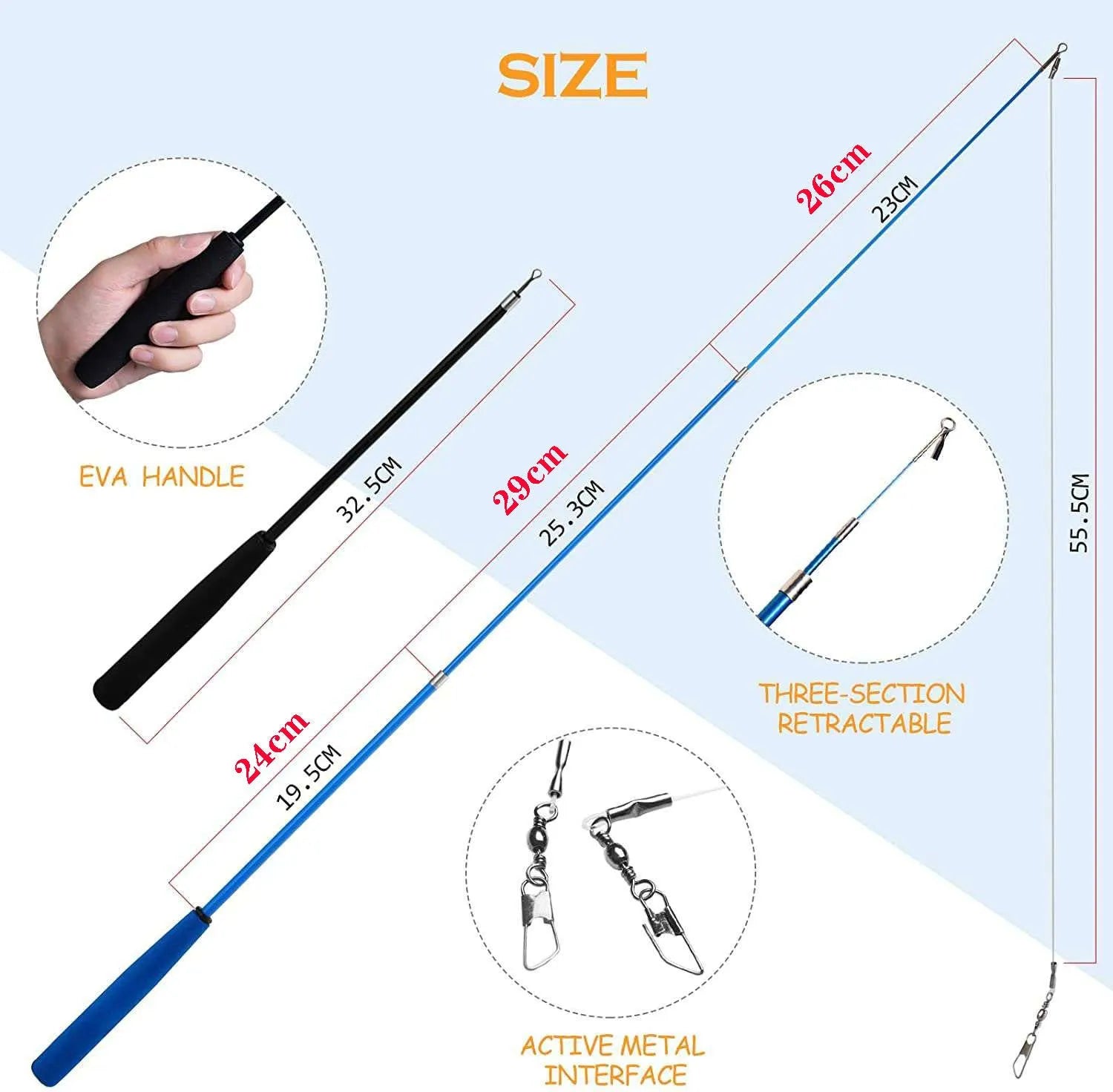 Extendable cat fishing rod with feather teaser attachments and replacement heads