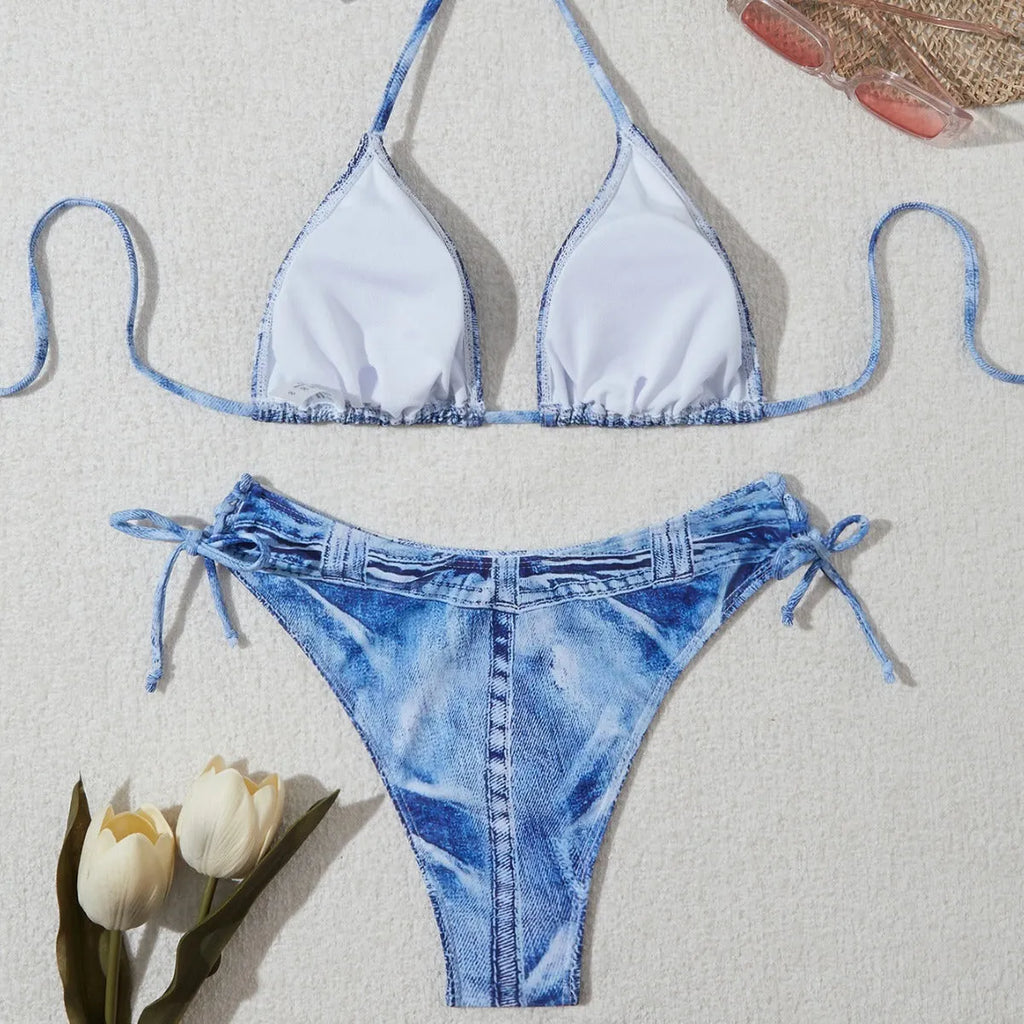 Women's denim blue printed bikini with strap design showing front and back views