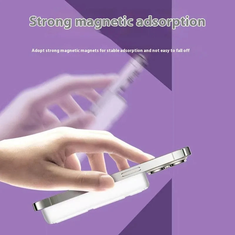 Folding bracket magnetic suction power bank in white with 10000mAh capacity and compact plastic shell