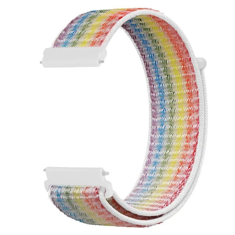 Universal nylon loop sports strap for Samsung and Huawei watches in 22mm width, available in multiple colours including white pinstripe and rainbow