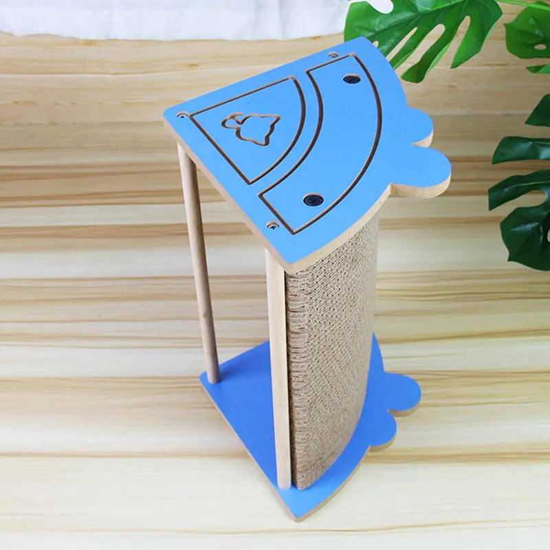 Vertical corner cat scratcher with cardboard pad and hanging ball toy on grey density board base