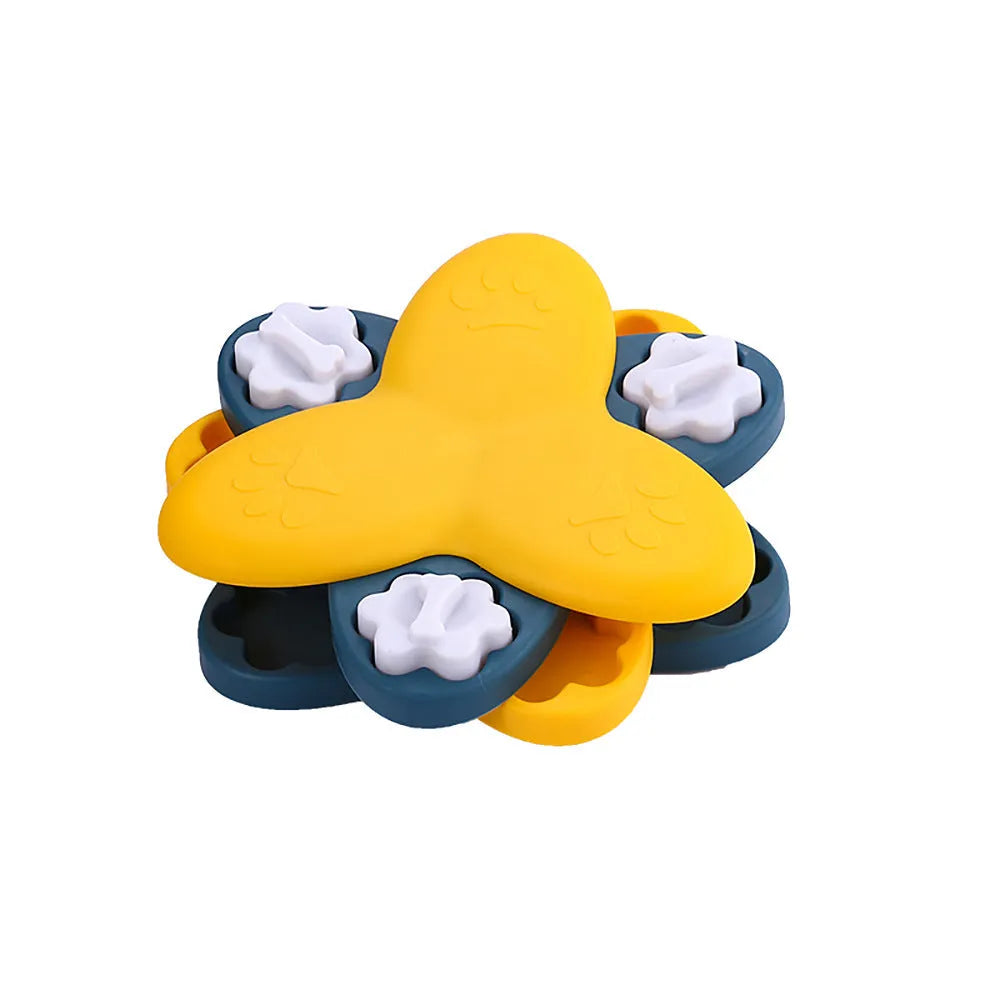 Green dog puzzle toy with bone-shaped covers showing nine compartments for treat dispensing