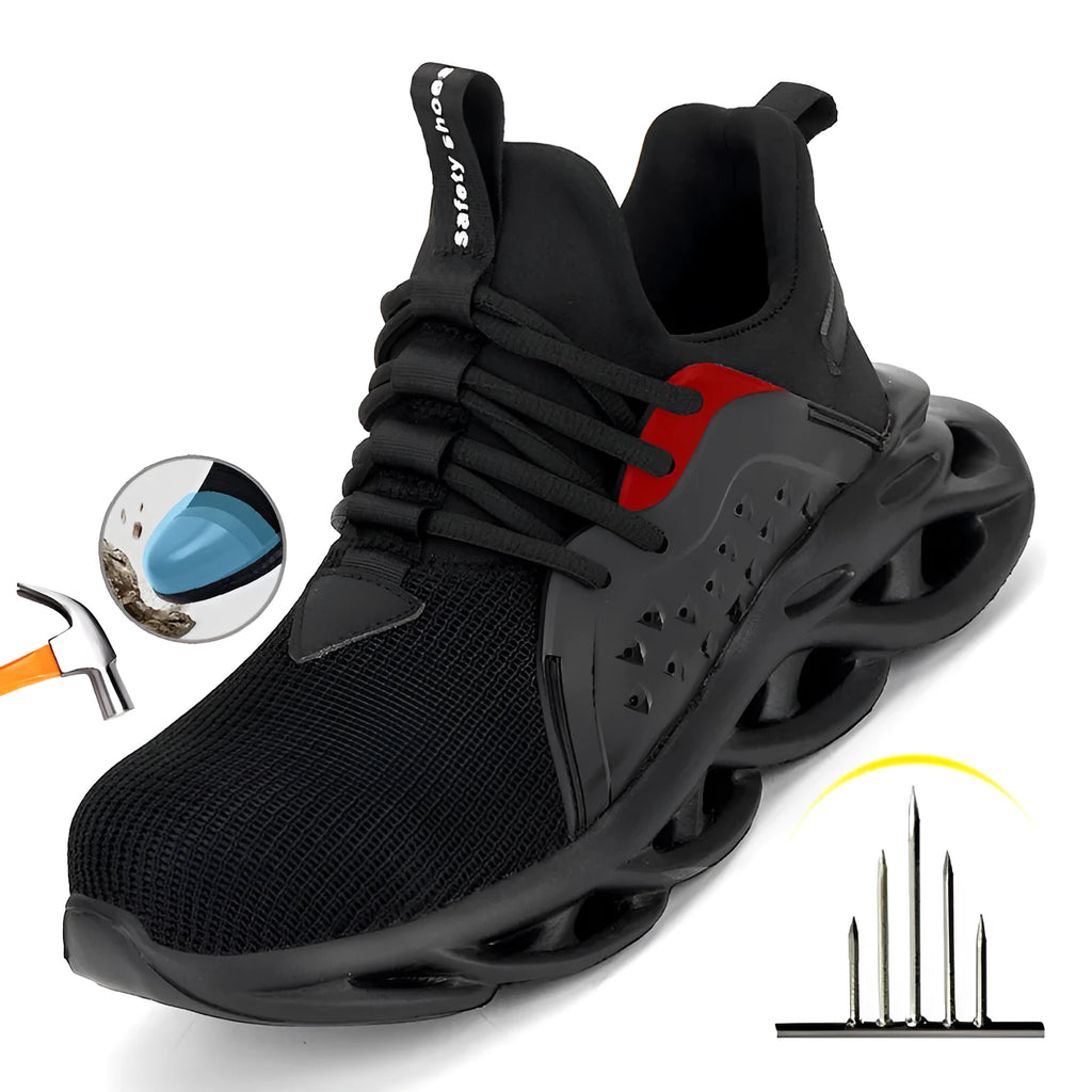 Men's anti-puncture safety sneakers with steel toe, lace up, black, breathable fly woven upper and EVA sole