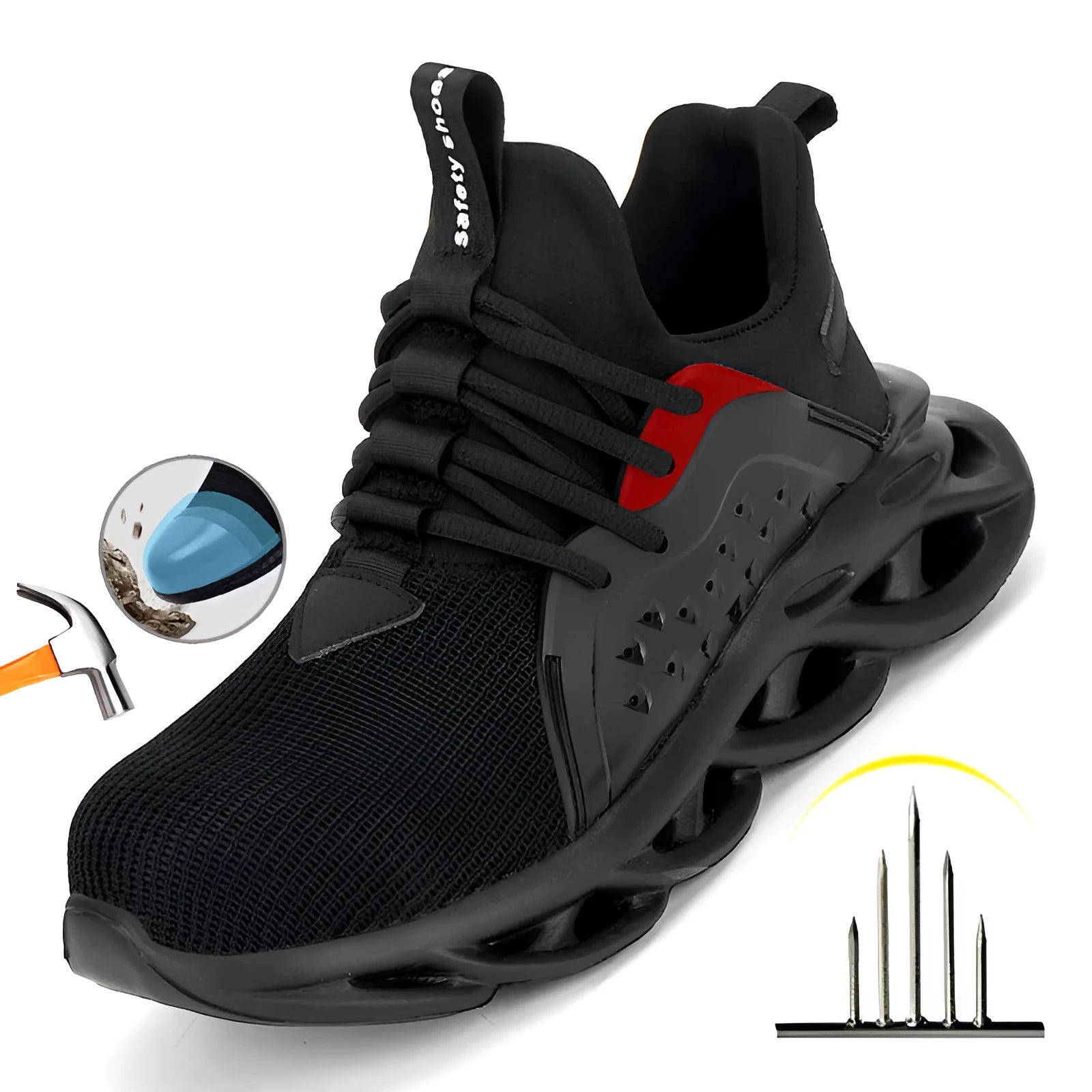 Men's anti-puncture safety sneakers with steel toe, lace up, black, breathable fly woven upper and EVA sole