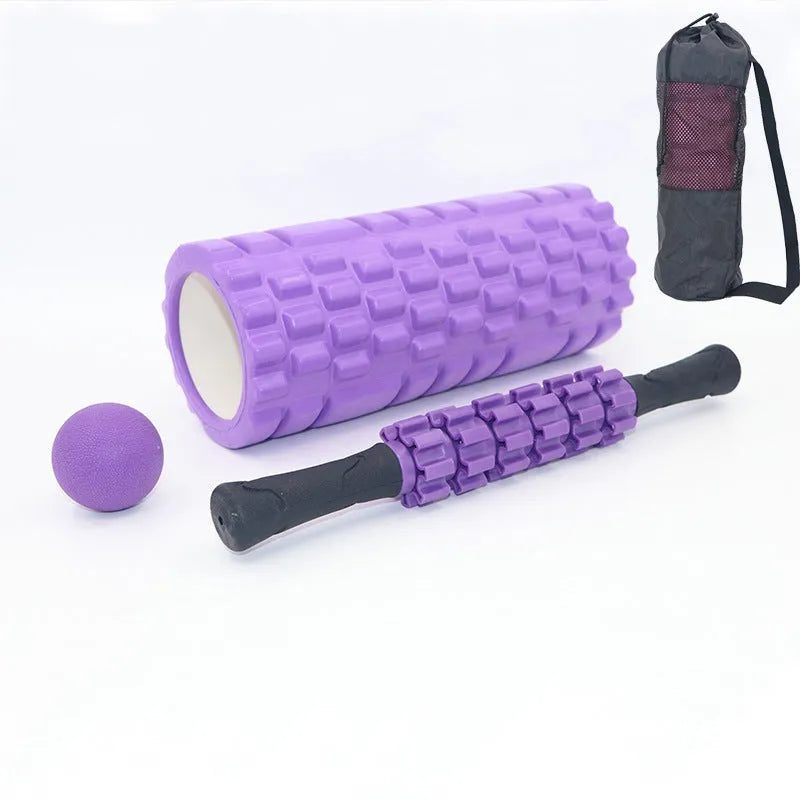 Black six-piece foam roller and massage bar set with 33cm stick for fitness recovery