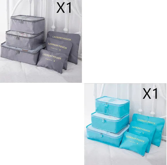 6 piece polyester travel storage bag set in hand bag type shape for clothes and cosmetic organisation, various colour options