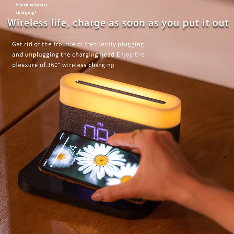 Black and white wireless charger desktop clock with night light and modern minimalist design