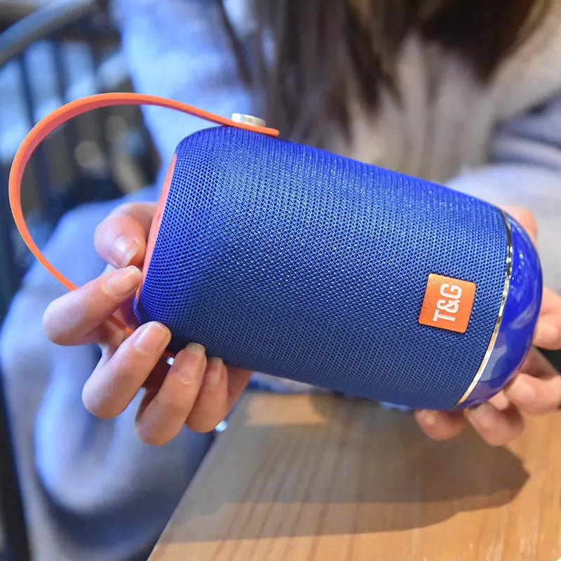 TG107 fabric wireless Bluetooth portable speaker in blue orange pattern, 99mm size, 10W output